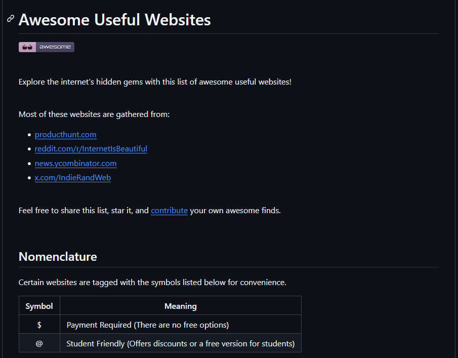 Awesome Useful Websites,ProductHunt、r/InternetIsBeautiful、Hacker News推荐过的优秀实用网站精选