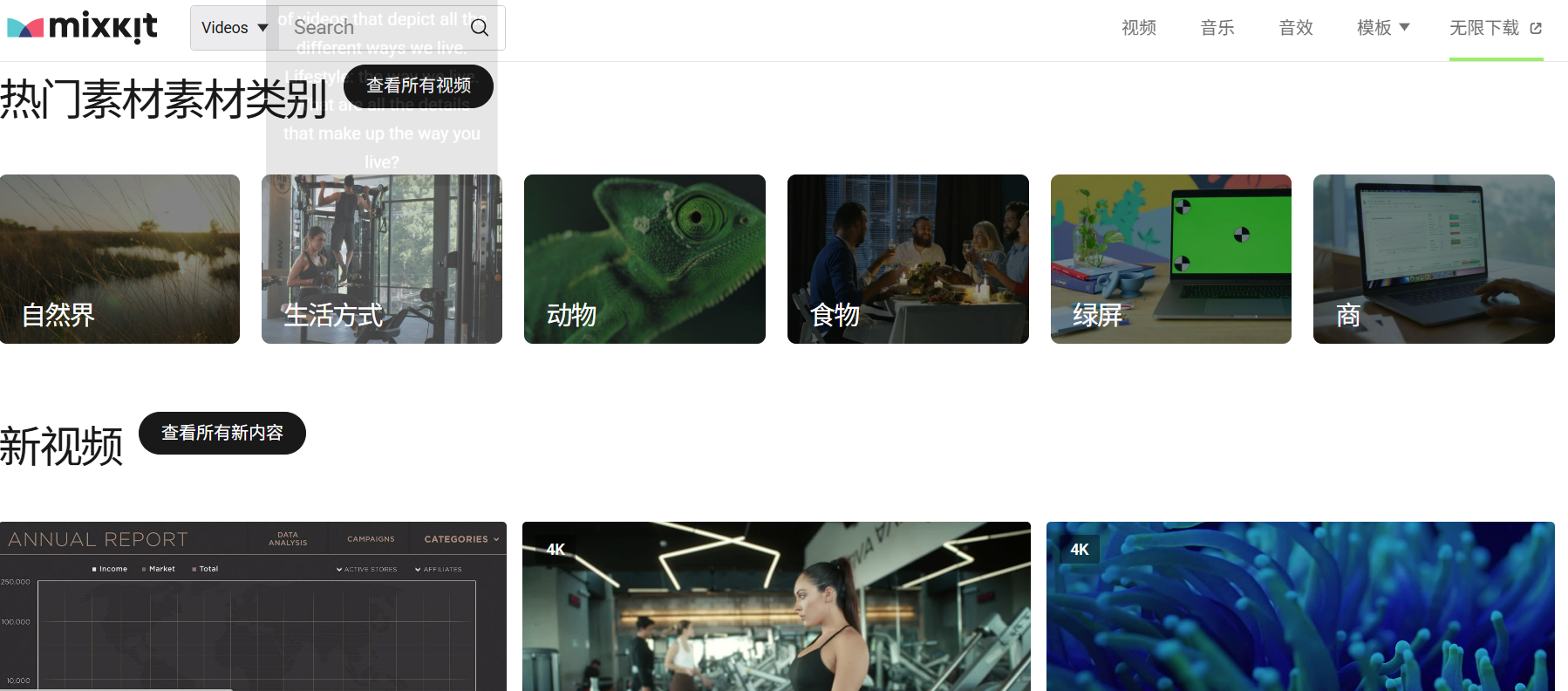 Mixkit:免费的高清视频、音乐和音效素材库,所有素材均可商用,无需署名,是视频创作者的宝藏资源