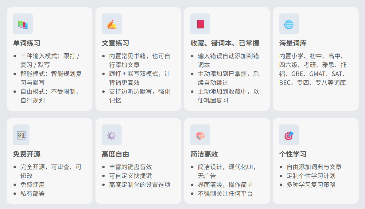 Type Words:开源英语单词与文章练习工具(智能记忆曲线、跟打+默写、免费无广告)