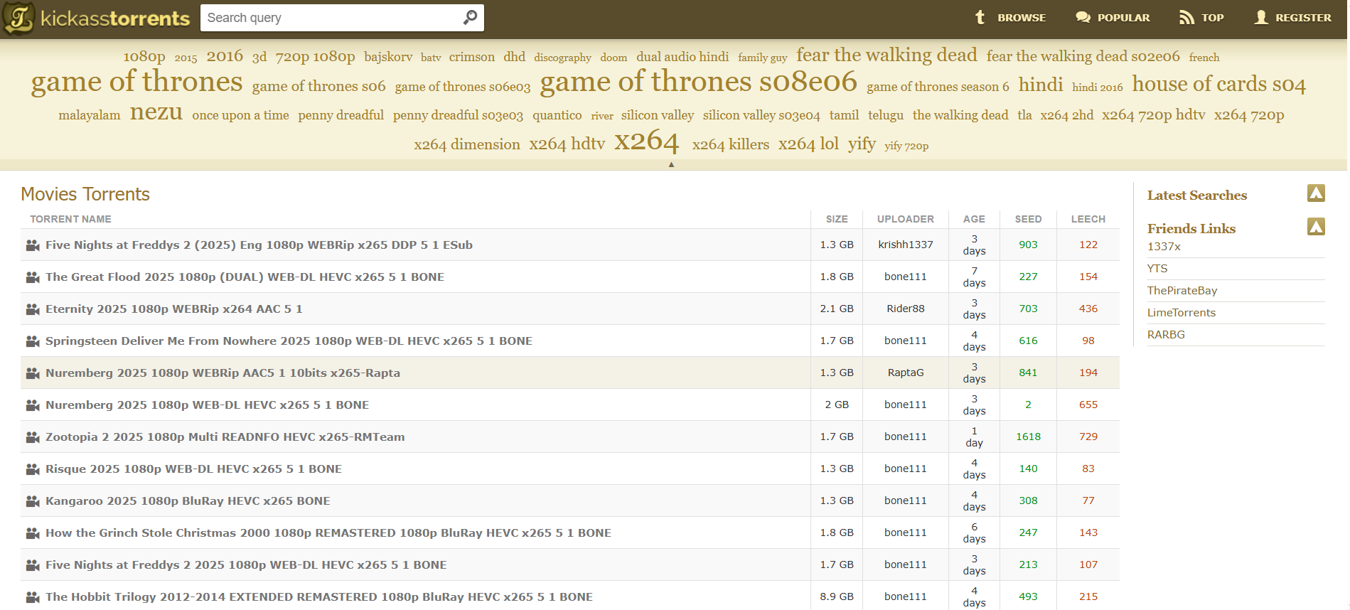 KickassTorrents：一个提供免费种子文件 (torrent) 资源下载的网站，可以通过它搜索和下载电影、电视剧、音乐、游戏、应用、动漫等多种资源