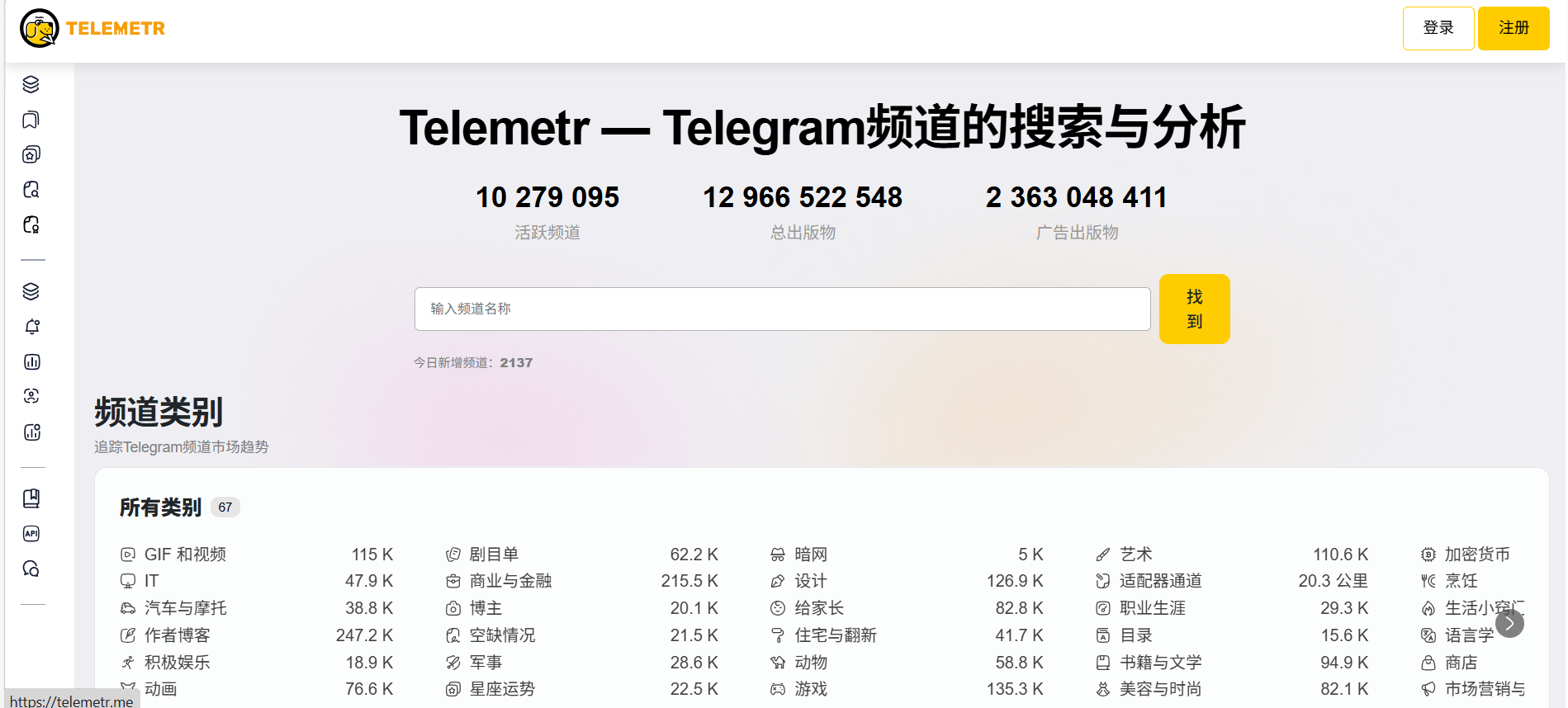 Telemetr.me：Telegram频道统计与数据分析运营工具，包括频道的订阅者数量、24小时内的新增订阅者数、频道的增长趋势